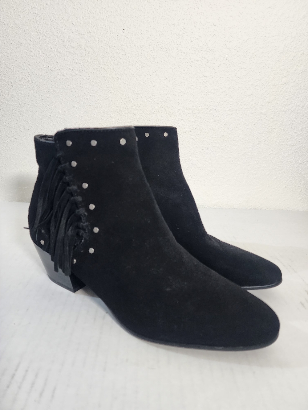 Sam Edelman Black Suede Fringe Studded Ankle Boots Western Size 8
